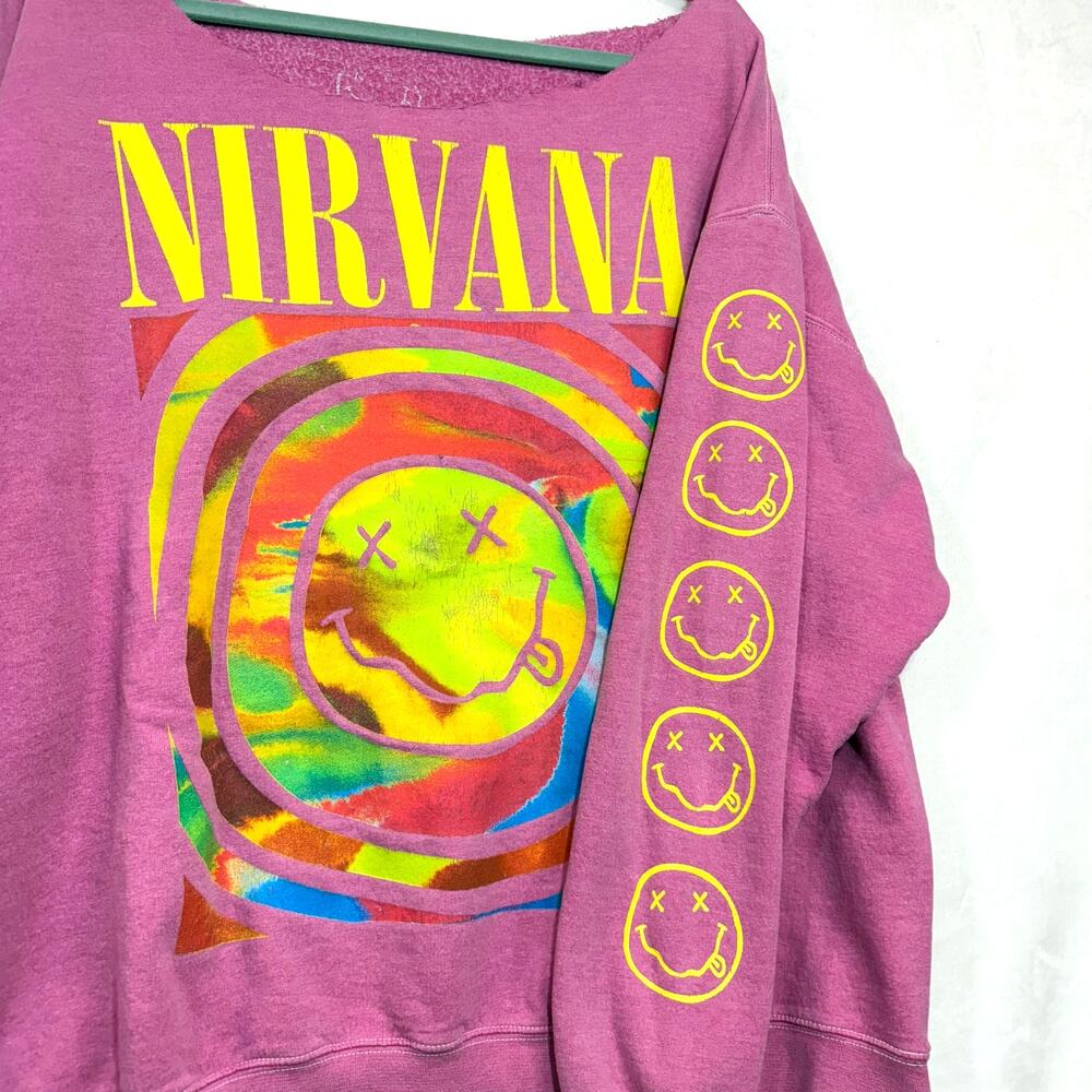 Nirvana S/M Dyed Sweatshirt Pink UO Oversized Grunge Off-Shoulder Smile Sleeve - Picture 3 of 9